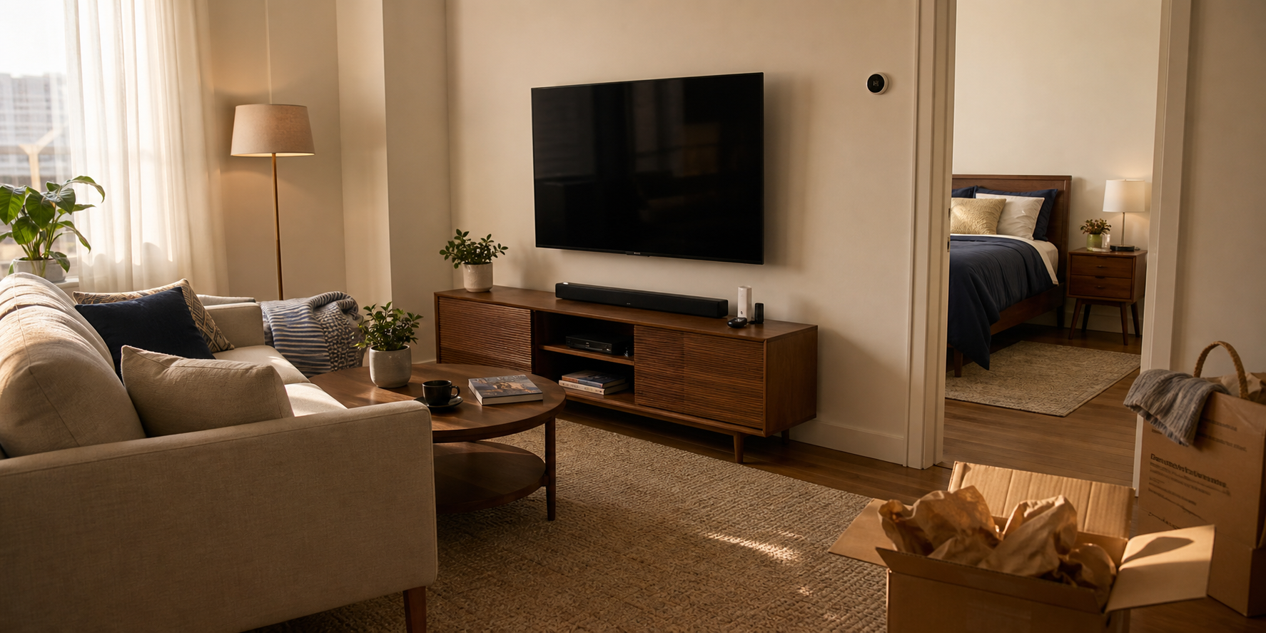 Finished move-in bundle setup with living room and bedroom professionally assembled