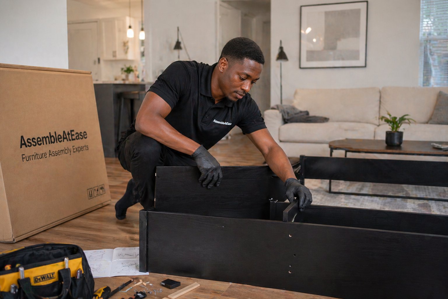 AssembleAtEase pro assembling furniture in an Austin home