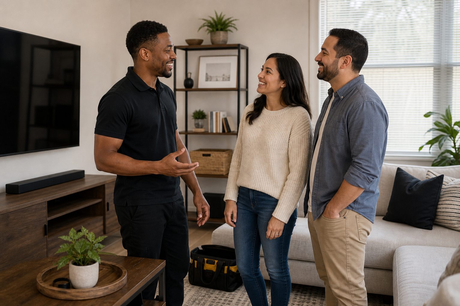 Friendly service professional speaking with homeowners after a completed home project