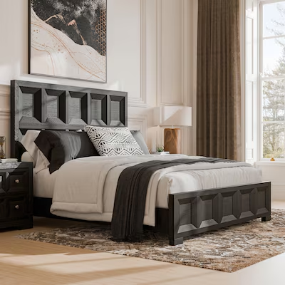 Upholstered paneled platform bed assembled in a bedroom