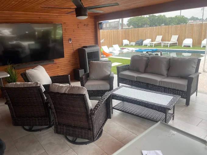 Covered patio prepared for an outdoor entertainment setup