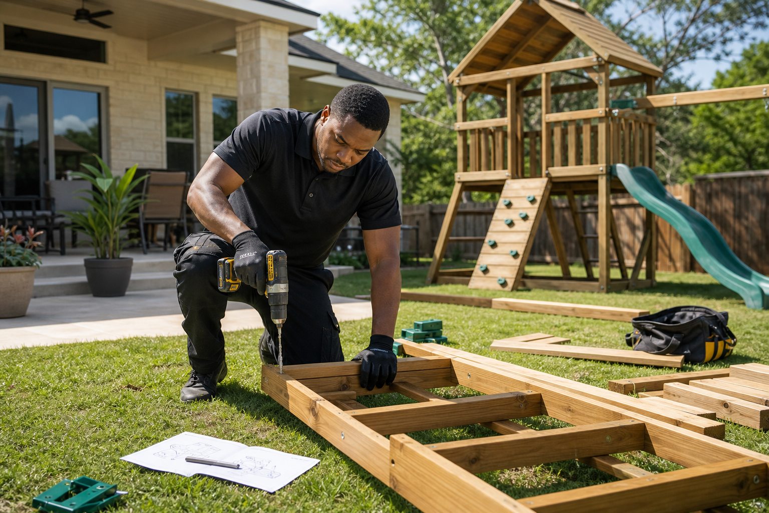 Assembler working on a backyard playset frame